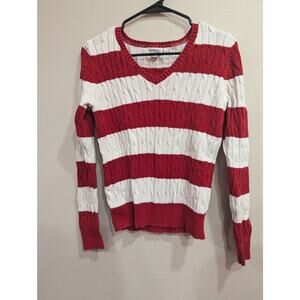 Long sleeve cable knit crew neck red & white striped sweater by St John's Bay, M